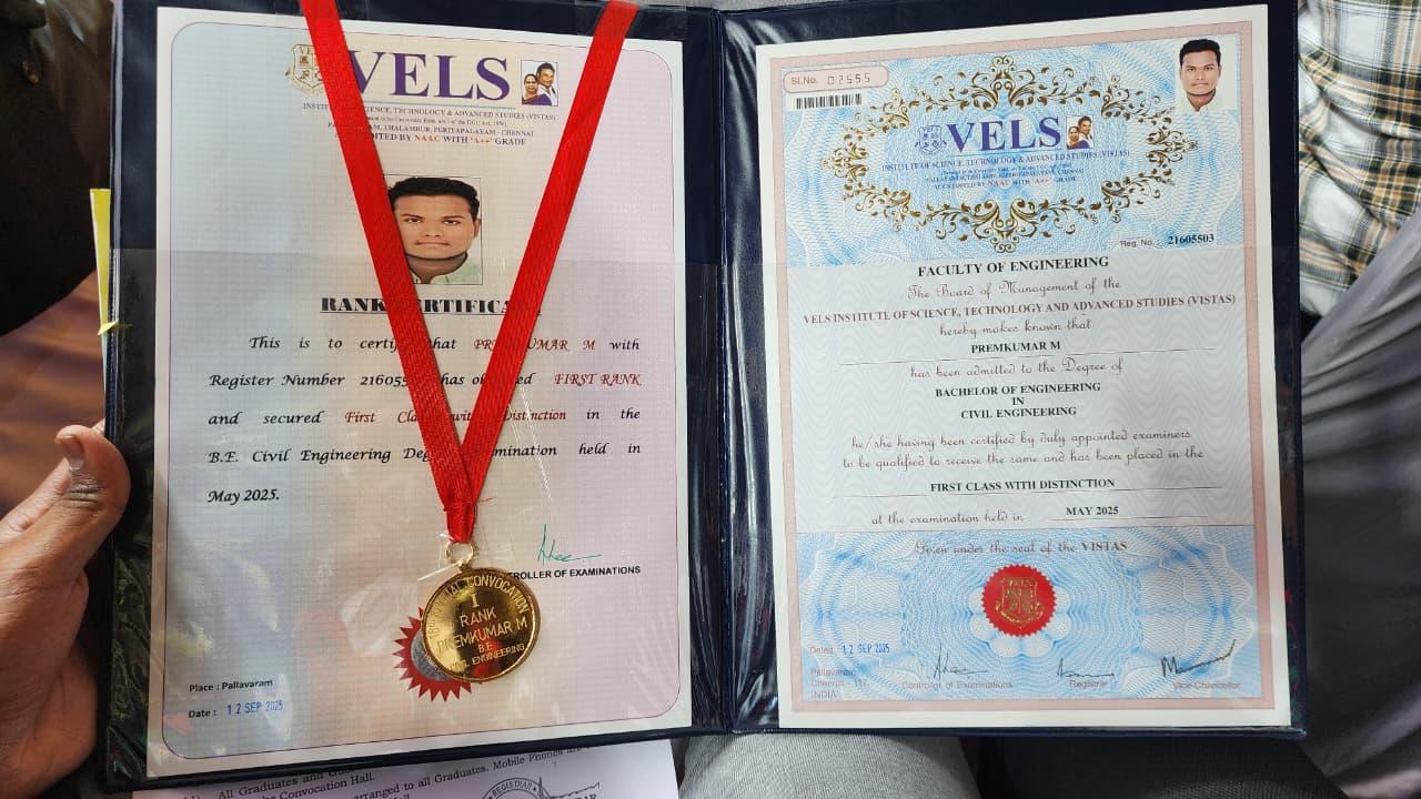 Gold medal and First Rank certificate awarded for B.E. Civil Engineering